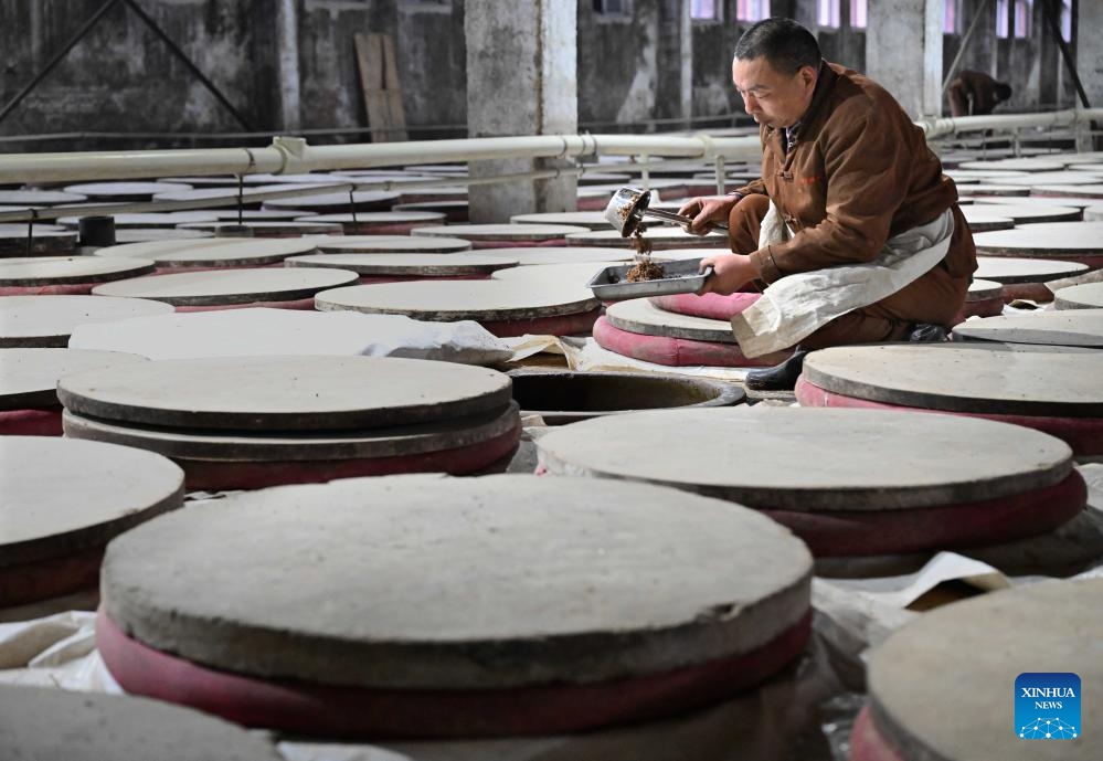 A worker takes sample of unfiltered liquor to check the fermentation condition at a workshop of Baofeng Baijiu Co., LTD in Baofeng County, central China's Henan Province, Dec. 21, 2023. Baofeng County has a time-honored brewing industry of Baijiu (Chinese liquor), and is one of the birthplaces of traditional Chinese distilled liquor. Because of the suitable temperature, autumn and winter are the busiest time for local liquor production in a year.(Photo: Xinhua)