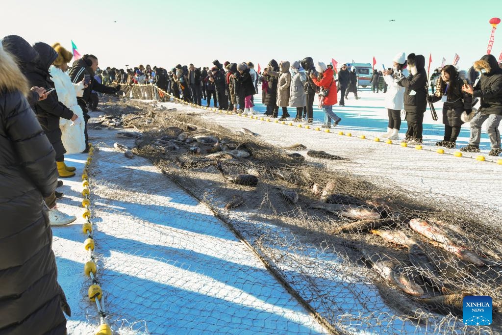 People fish on the frozen Lianhuan Lake in Mongolian Autonomous County of Dorbod, Daqing City, northeast China's Heilongjiang Province, Dec. 27, 2023. The winter fishing event in Heilongjiang Province, featuring more than 25 fishing events across 18 county-level locations, will extend until the end of March of the next year(Photo: Xinhua)