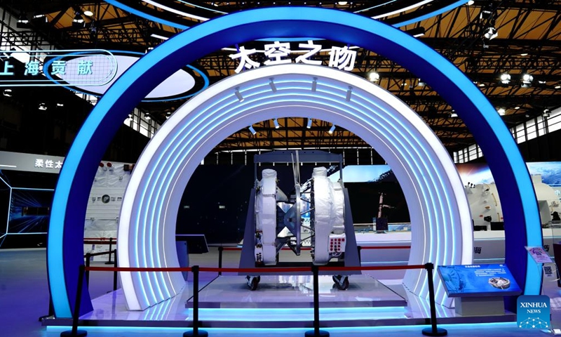 This photo taken on Dec. 29, 2023 shows the rendezvous and docking structure at the Exhibition of Achievements in China Manned Space Program in Shanghai, east China. The 50-day exhibition started at Shanghai New International Expo Center on Friday and it will be open to the public for free. (Photo: Xinhua)