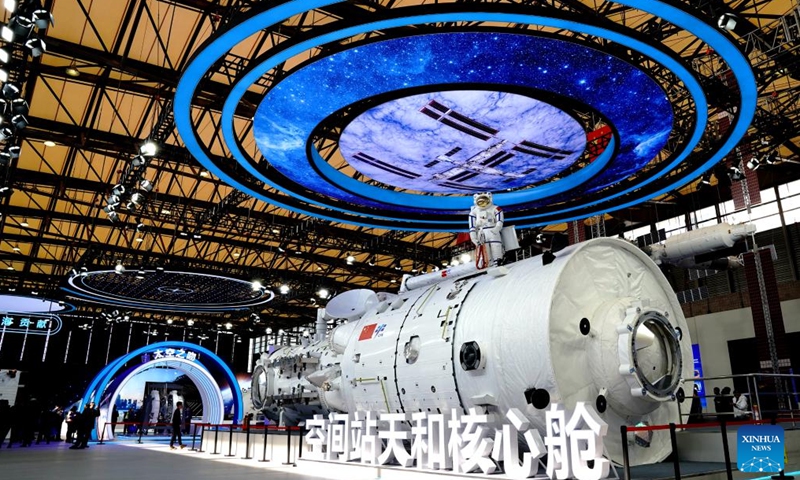 This photo taken on Dec. 29, 2023 shows the model of China's space station core module Tianhe at the Exhibition of Achievements in China Manned Space Program in Shanghai, east China. The 50-day exhibition started at Shanghai New International Expo Center on Friday and it will be open to the public for free. (Photo: Xinhua)