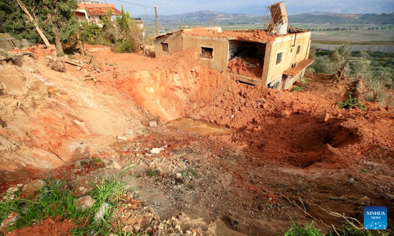 This photo taken on Dec. 31, 2023 shows damaged houses in Kfarkela, Lebanon. The Lebanon-Israel border witnessed increased tension since Oct. 8, 2023 after the Lebanese armed group Hezbollah fired dozens of rockets toward Israel in support of the Hamas attack on Israel the previous day, prompting Israel to respond by firing heavy artillery toward southeastern Lebanon. (Photo: Xinhua)