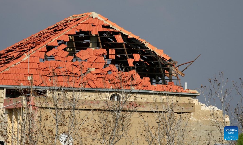 This photo taken on Dec. 31, 2023 shows a damaged house in Kfarkela, Lebanon. The Lebanon-Israel border witnessed increased tension since Oct. 8, 2023 after the Lebanese armed group Hezbollah fired dozens of rockets toward Israel in support of the Hamas attack on Israel the previous day, prompting Israel to respond by firing heavy artillery toward southeastern Lebanon. (Photo: Xinhua)