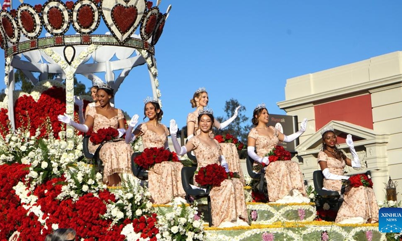 Rose Queen and Princesses ride on their float along Colorado Boulevard in Pasadena, Southern California, the United States, during the 135th Rose Parade on Jan. 1, 2024. Tens of thousands of people lined the streets Monday to watch the 135th Rose Parade, the annual celebration event for the New Year. (Photo: Xinhua)