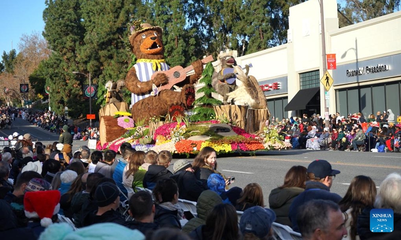 A float moves along Colorado Boulevard in Pasadena, Southern California, the United States, during the 135th Rose Parade on Jan. 1, 2024. Tens of thousands of people lined the streets Monday to watch the 135th Rose Parade, the annual celebration event for the New Year. (Photo: Xinhua)