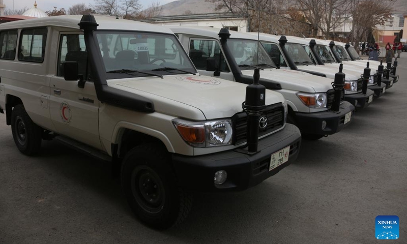 This photo taken on Jan. 2, 2024 shows the ambulances donated by the International Committee of the Red Cross (ICRC) to the Red Crescent Society of Afghanistan in Kabul, Afghanistan. The ICRC handed over 16 ambulances to the Red Crescent Society of Afghanistan on Tuesday. (Photo: Xinhua)