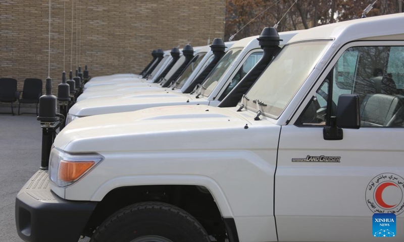 This photo taken on Jan. 2, 2024 shows the ambulances donated by the International Committee of the Red Cross (ICRC) to the Red Crescent Society of Afghanistan in Kabul, Afghanistan. The ICRC handed over 16 ambulances to the Red Crescent Society of Afghanistan on Tuesday. (Photo: Xinhua)