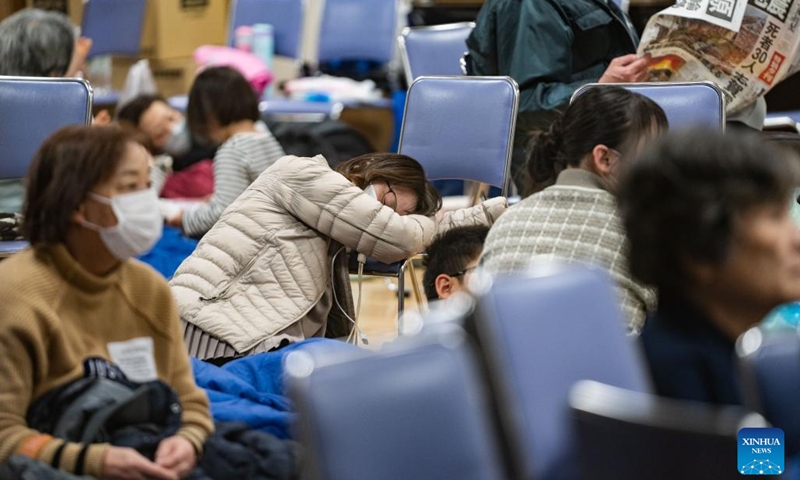 People take refuge at a primary school in Shika, Ishikawa prefecture, Japan, Jan. 2, 2024. The death toll has risen to 48 in the central Japanese prefecture of Ishikawa as of 3:30 p.m. local time after a series of powerful earthquakes hit the area in central Japan and the vicinity, national broadcaster NHK reported on Tuesday. Injuries are reported in the prefectures of Ishikawa, Niigata, Fukui, Toyama, and Gifu, it added. (Photo: Xinhua)