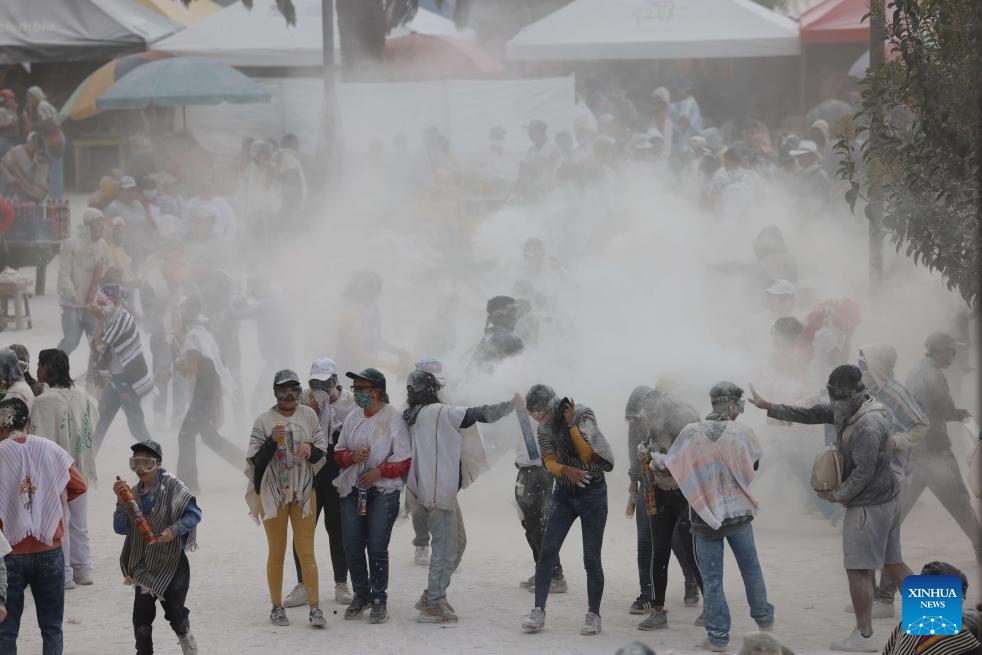 Revelers enjoy their time during the Carnival of Blacks and Whites in Pasto, Colombia on Jan. 3, 2024. The carnival was inscribed on the UNESCO Representative List of the Intangible Cultural Heritage of Humanity in 2009.(Photo: Xinhua)