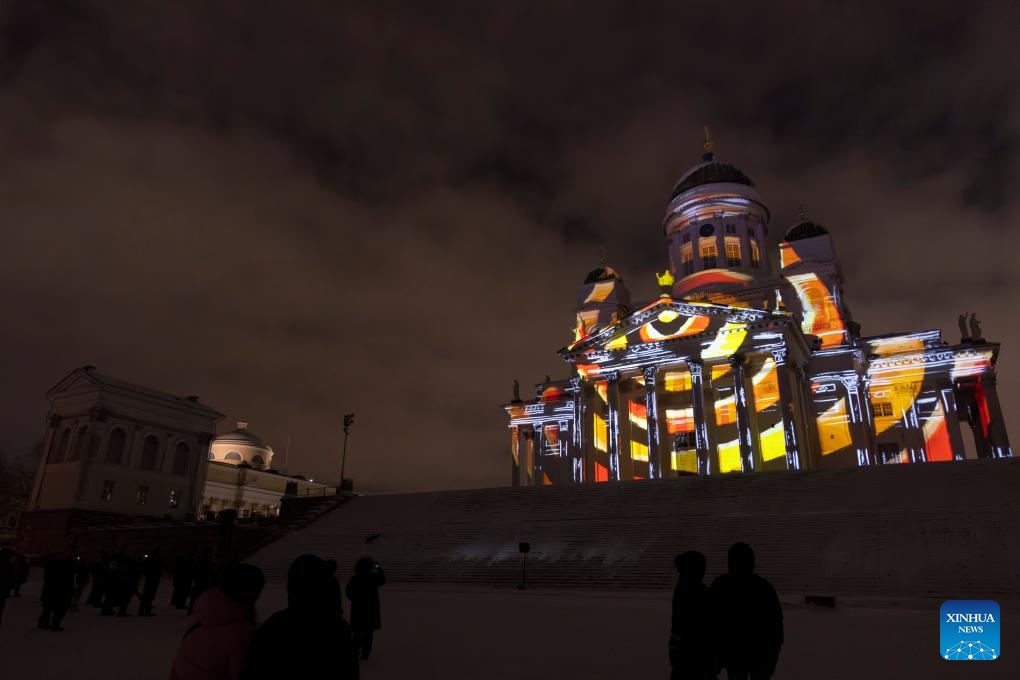 Helsinki Cathedral is illuminated during the Lux Helsinki light festival in Helsinki, Finland, on Jan. 3, 2024. Lux Helsinki is an annual festival of light art held here in early January.(Photo: Xinhua)