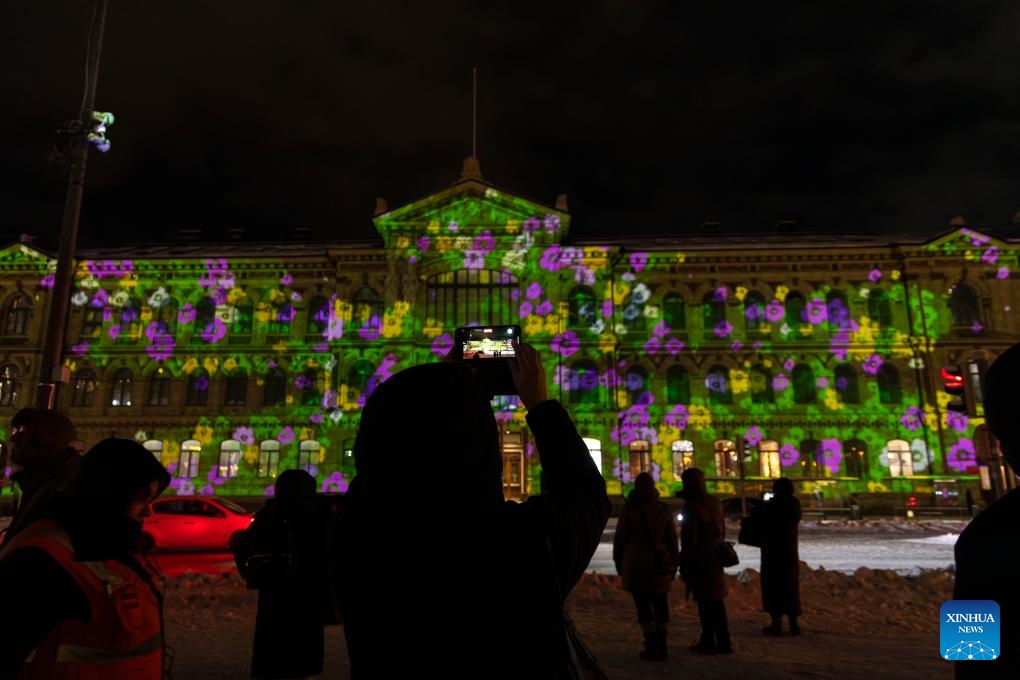 The Ateneum Art Museum is illuminated during the Lux Helsinki light festival in Helsinki, Finland, on Jan. 3, 2024. Lux Helsinki is an annual festival of light art held here in early January.(Photo: Xinhua)