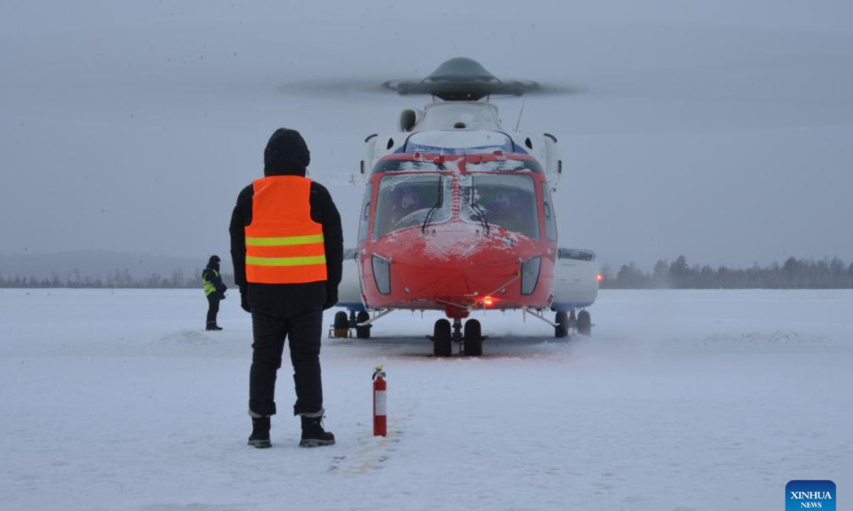 China's independently-developed AC313A large civil helicopter is seen before cold-weather flight tests in Mohe, northeast China's Heilongjiang Province, Jan 6, 2024. Photo:Xinhua