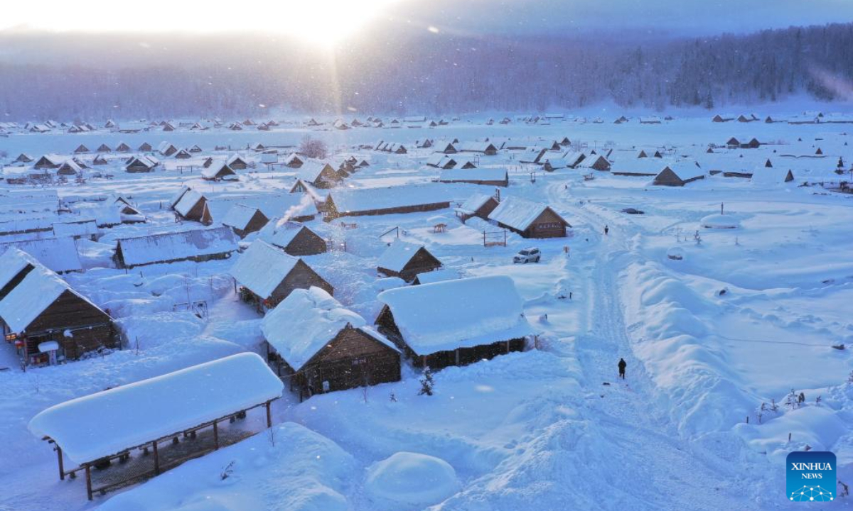 An aerial drone photo taken on Jan 17, 2024 shows a view of Hemu Village after snow in Altay Prefecture, northwest China's Xinjiang Uygur Autonomous Region. Photo:Xinhua