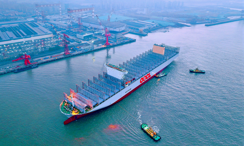 The world's largest container ship, newly completed in 2024, starts a trial voyage from a dock in Nantong, East China's Jiangsu Province, on January 9, 2024. The deck area of the China-made ship is equivalent to 3.5 standard football fields and 24,188 standard containers can be loaded at one time. Photo: VCG