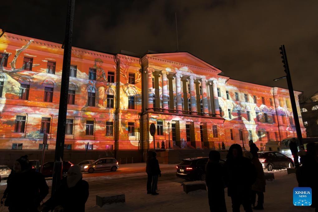 A buildings in Senate Square is illuminated during the Lux Helsinki light festival in Helsinki, Finland, on Jan. 3, 2024. Lux Helsinki is an annual festival of light art held here in early January.(Photo: Xinhua)