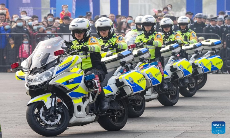 Traffic police officers demonstrate motorcycle skills during a police open week event in Nanjing, east China's Jiangsu Province, Jan. 6, 2024. A five-day open week event organized by the Nanjing Municipal Public Security Bureau was initiated Saturday at Nanjing International Expo Center. With various online and offline activities, the open week aims to bring the public closer to the life and work of police officers. China will mark its fourth national police day on Jan. 10 this year. (Xinhua/Li Bo)