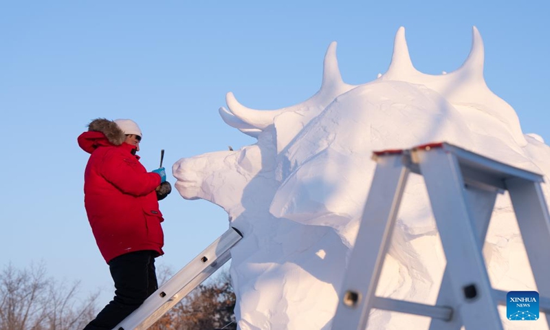 A contestant works on a snow sculpture at the Sun Island scenic area in Harbin, northeast China's Heilongjiang Province, Jan. 7, 2024. An international snow sculpture competition is held here, attracting snow sculptors from 12 countries. (Xinhua/Wang Dayu)