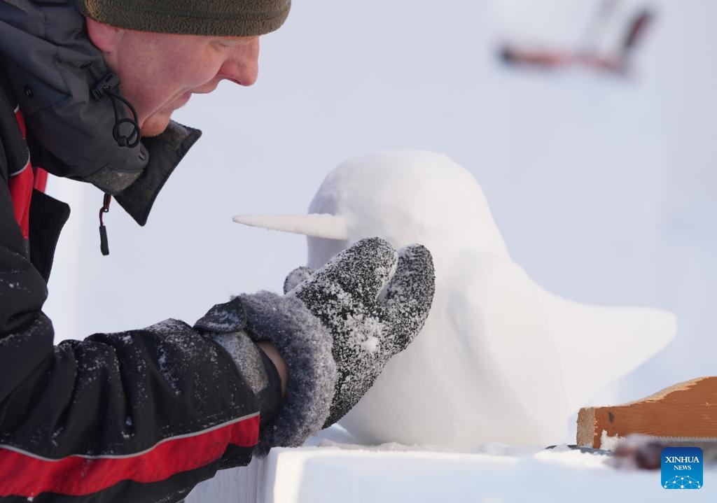 A contestant works on a snow sculpture at the Sun Island scenic area in Harbin, northeast China's Heilongjiang Province, Jan. 8, 2024. The international snow sculpture competition in Harbin entered its third day on Monday.(Photo: Xinhua)