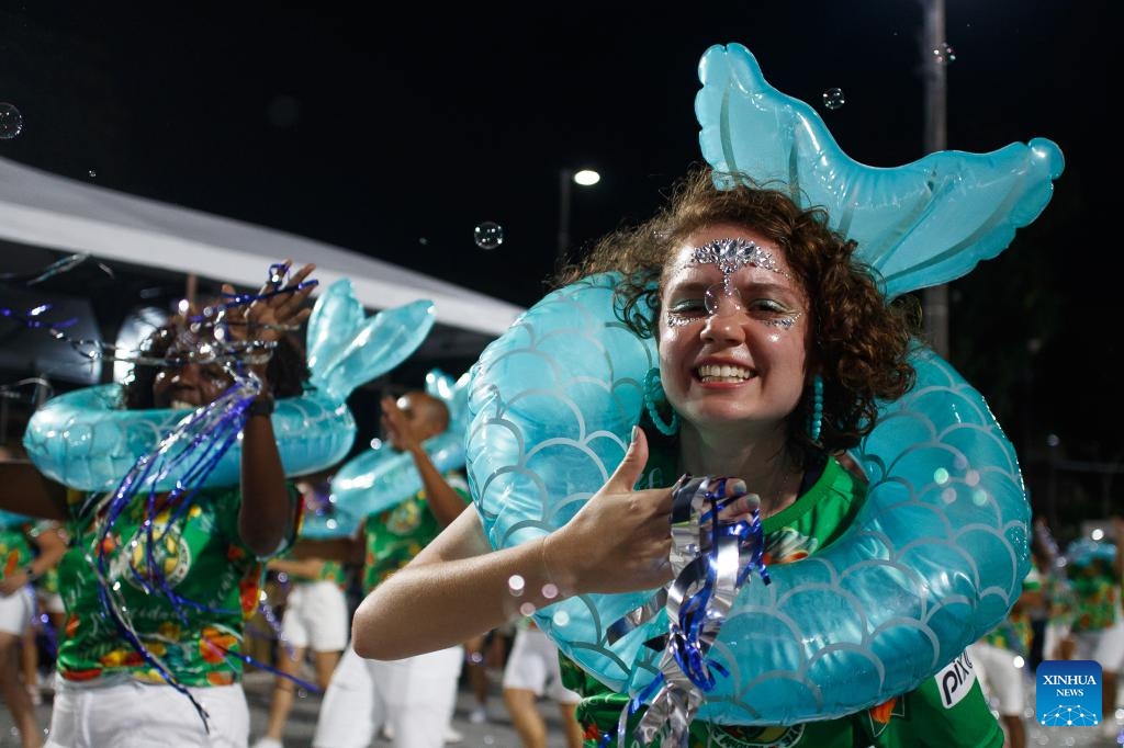 Performers participate in the first day of technical rehearsal for the carnival parade at the Sambadrome in Rio de Janeiro, Brazil, Jan. 7, 2024.(Photo: Xinhua)