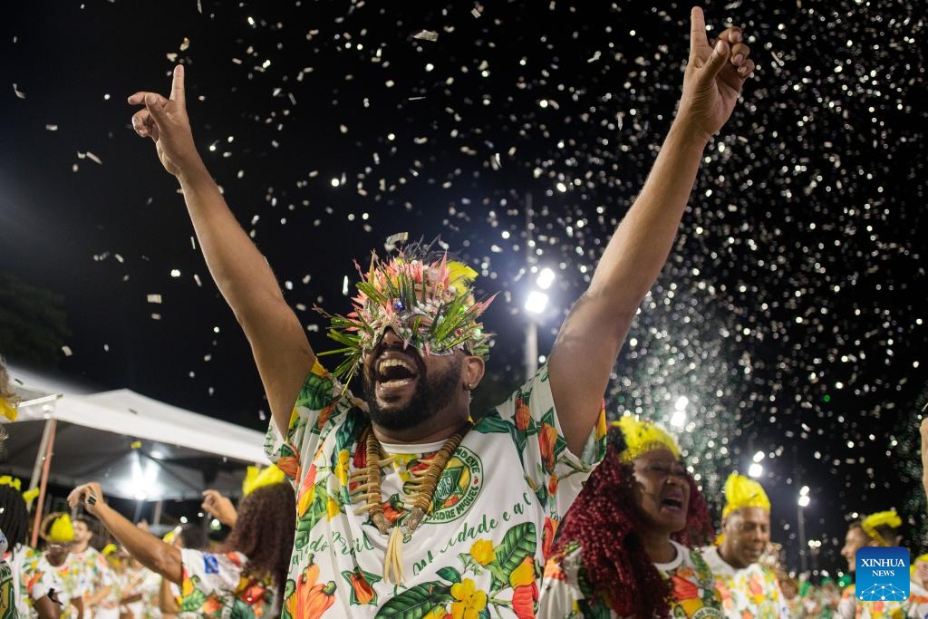 Performers participate in the first day of technical rehearsal for the carnival parade at the Sambadrome in Rio de Janeiro, Brazil, Jan. 7, 2024.(Photo: Xinhua)