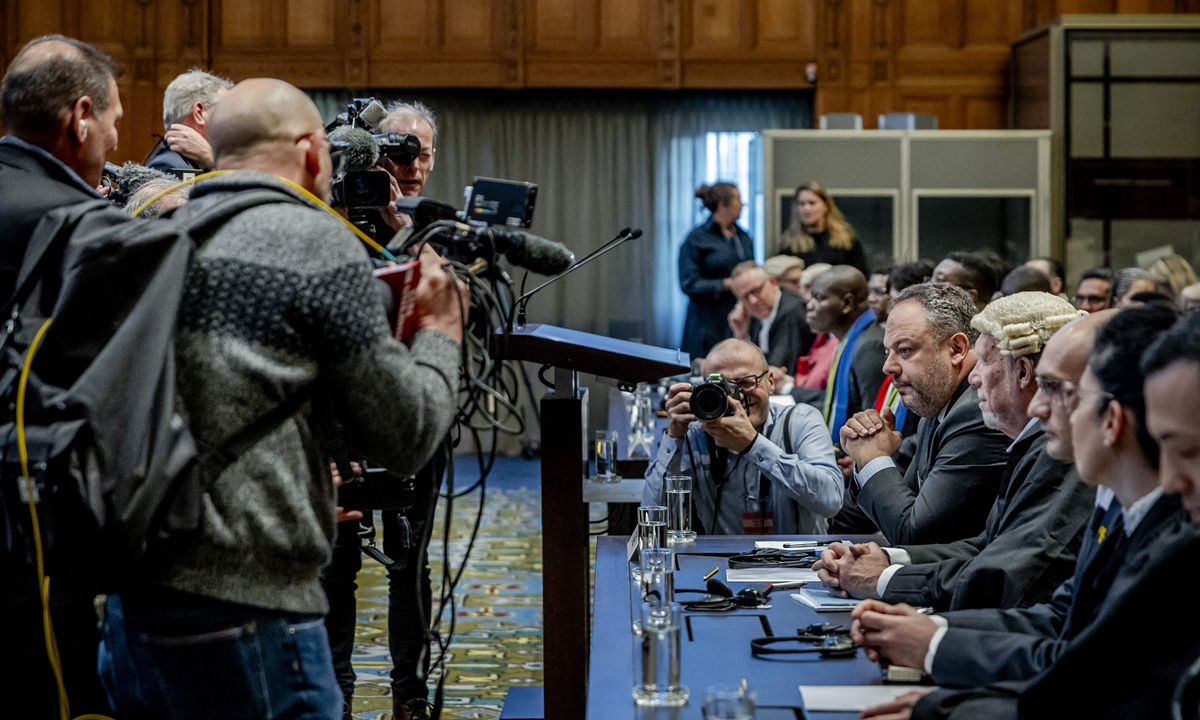 Tal Becker (fifth from right), legal counselor of the Ministry of Foreign Affairs of Israel, attends the International Court of Justice (ICJ) ahead of the hearing of the genocide case against Israel brought by South Africa, in The Hague on January 11, 2024. South Africa hopes that a landmark 