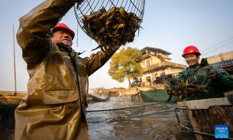 Fishermen select fishes in Yanhedi Village, Nanxian County, central China's Hunan Province, Jan. 13, 2024. Nanxian County saw busy winter fish catching by local fishermen at present to meet the demand of the market. The annual output of aquatic products in the county reached 162,000 tons in 2023. (Xinhua/Chen Sihan)