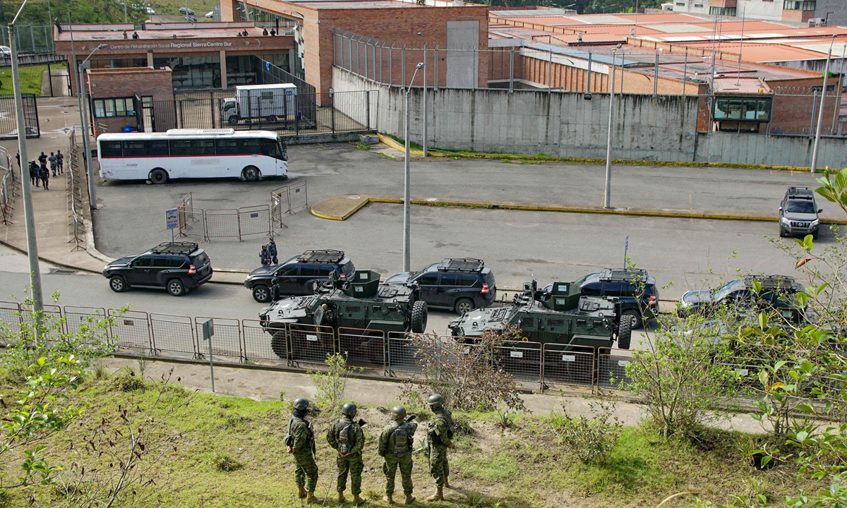 
View of the Turi prison in Cuenca, Ecuador, after Ecuadorean soldiers and police forces regained control of the facilities on January 14, 2024. The country's simmering security crisis erupted last week as the government and powerful narco gangs declared all-out war on each other, after the prison escape of a dangerous drug lord.?Photo: VCG