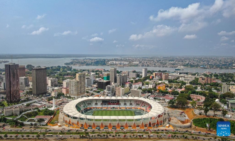 An aerial drone photo shows a view of Abidjan, Cote d'Ivoire, Jan. 9, 2024. Abidjan is the largest city and economic capital of Cote d'Ivoire. (Xinhua/Han Xu)