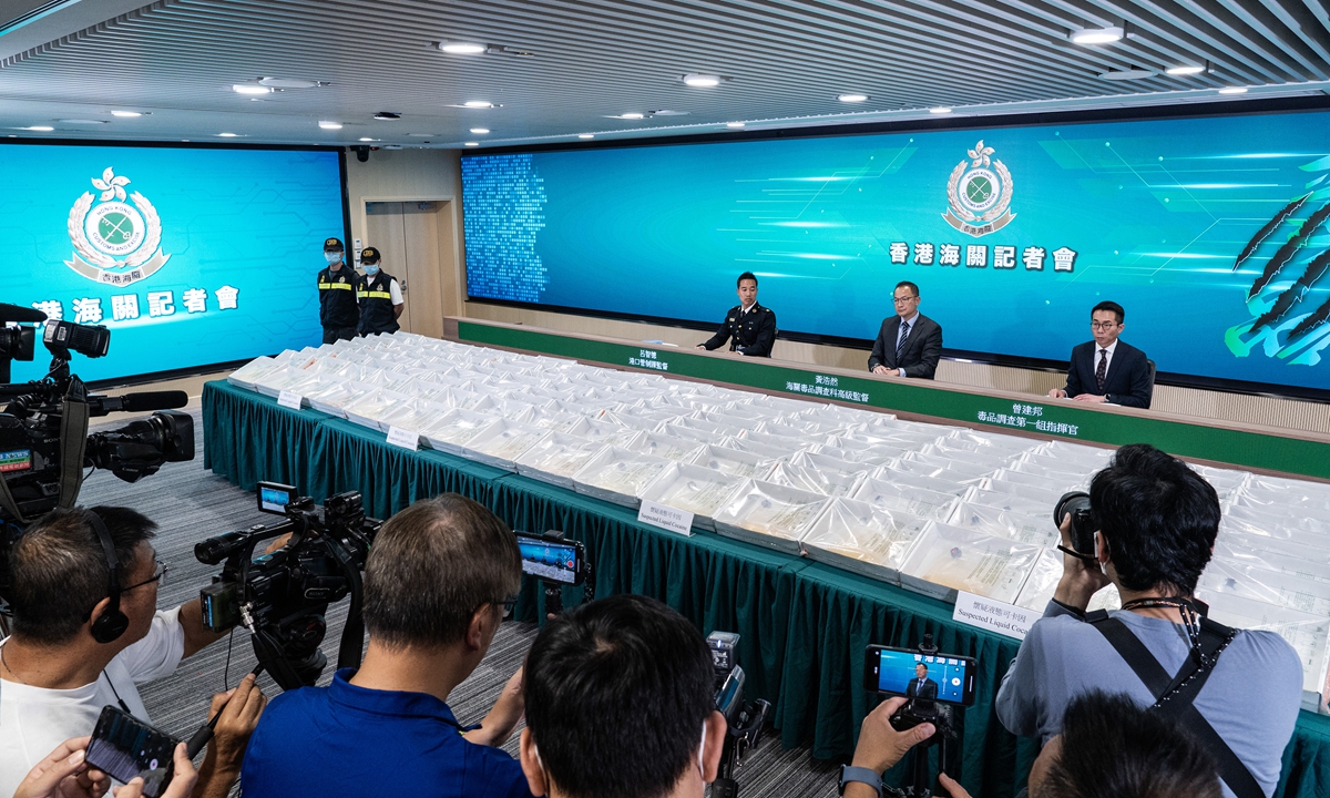 Hong Kong Customs holds a press conference on January 15, 2024 to report on a major drug trafficking case handled in December 2023. Hong Kong Customs seized approximately 444 kilograms of suspected liquid cocaine, estimated to be worth around HK$490 million ($62.7 million). Two suspects involved in the case have been arrested. According to media reports, Hong Kong Customs seized 7.5 tons of various types of drugs in the first 10 months of 2023. Photo: VCG