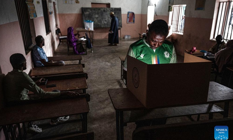 A man votes at a polling station in Mitsudje, Comoros, Jan. 14, 2024. Comoros kicked off its first round of the presidential election on Sunday to select the national leader from among six candidates, including incumbent President Azali Assoumani, for the next five years. (Xinhua/Wang Guansen)