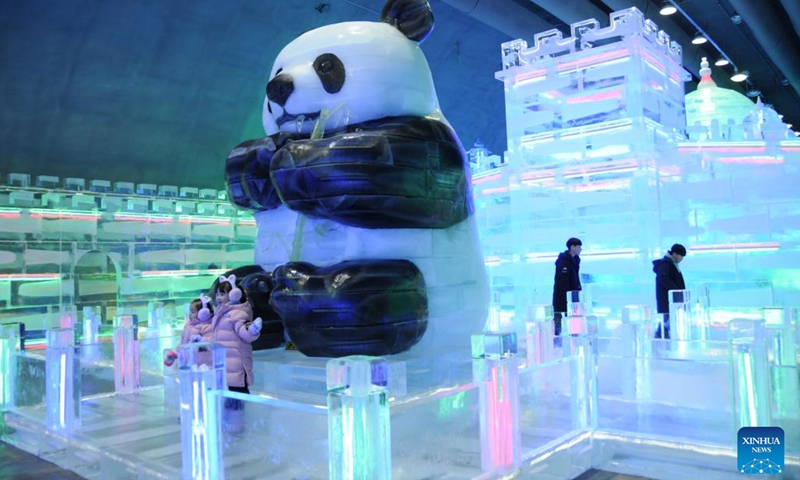 Tourists view ice statues made by Harbin ice sculptors during Hwacheon Sancheoneo Ice Festival in Gangwon Province, South Korea, Jan. 13, 2024. The capital of China's northernmost province of Heilongjiang, Harbin is renowned as the crown jewel of ice and snow in the country. This year ice sculptors from Harbin have been invited to create ice sculptures for the Hwacheon Sancheoneo Ice Festival, one of the most popular South Korean winter festivals. (Photo by Yang Chang/Xinhua)