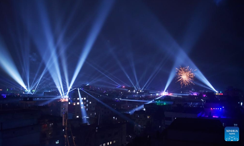 This photo taken on Jan. 14, 2024 shows a coloured lights and fireworks display during Sakrain festival in Dhaka, capital of Bangladesh. People in Dhaka celebrate Sakrain festival, also known as Ghuri Utsob or Kite festival, at the end of Poush, the ninth month of the Bengali calendar.(Photo: Xinhua)