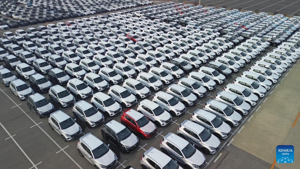 An aerial drone photo taken on Jan. 16, 2024 shows vehicles at a terminal of Dalian Port, northeast China's Liaoning Province. Dalian Port achieved a record-breaking annual export of 102,773 vehicles in 2023, marking a year-on-year growth of 143 percent, according to the Dalian Customs.(Photo: Xinhua)