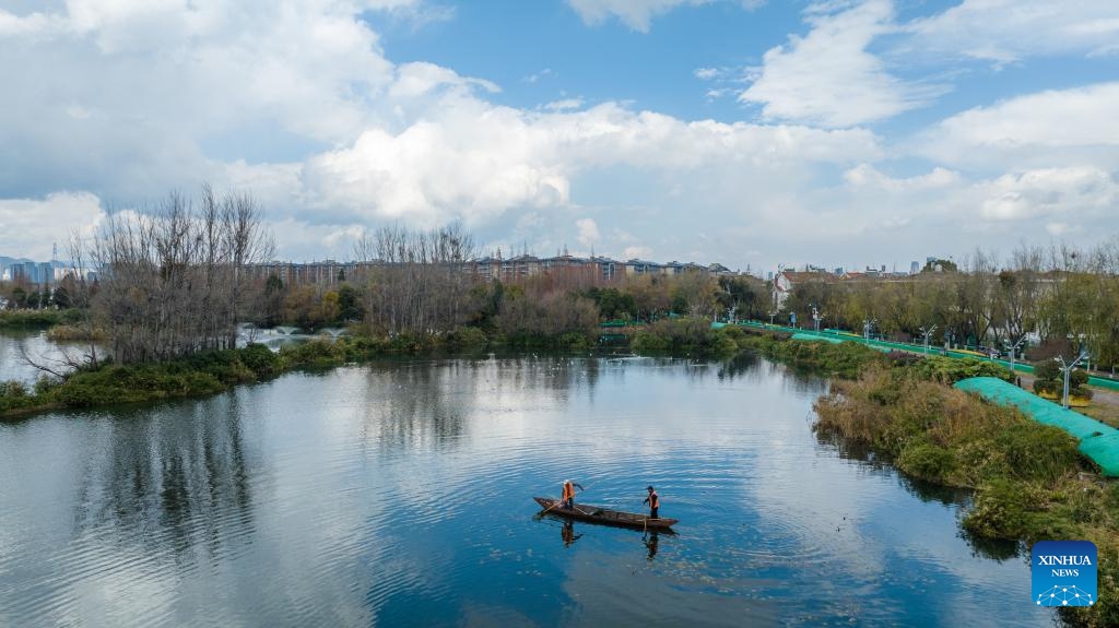 An aerial drone photo taken on Jan. 16, 2024 shows staff members collecting litter in the Dianchi Lake in Kunming, southwest China's Yunnan Province. The overall water quality of Dianchi Lake has been maintained for six consecutive years since it reached Class IV in the country's five-tier evaluation system for the first time in 2018.(Photo: Xinhua)