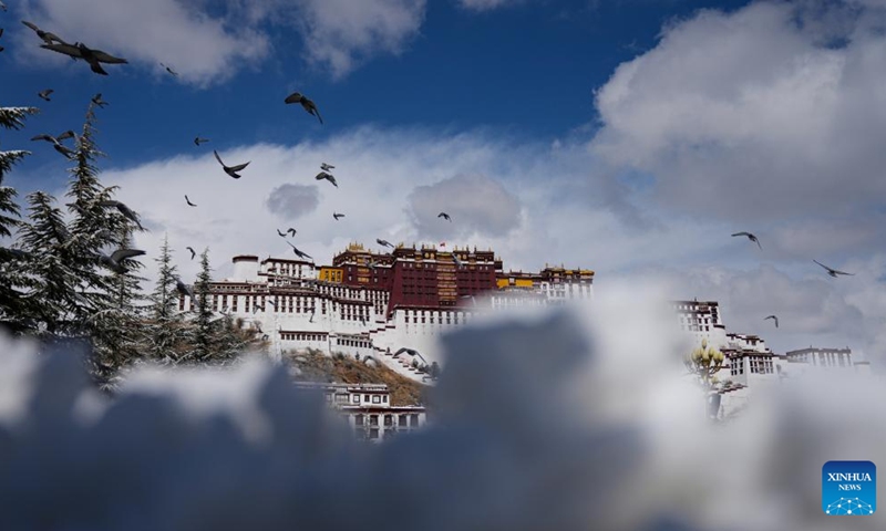 The Potala Palace is seen in Lhasa, southwest China's Xizang Autonomous Region, Jan. 18, 2024. Snow fell in Lhasa on Thursday.(Photo: Xinhua)