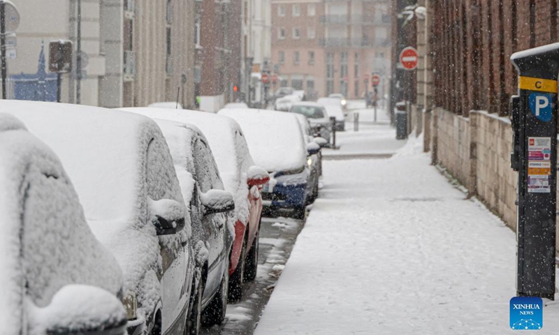 This photo taken on Jan. 17, 2024 shows a city view amid snowfall in Lille, northern France. (Photo by Sebastien Courdji/Xinhua)