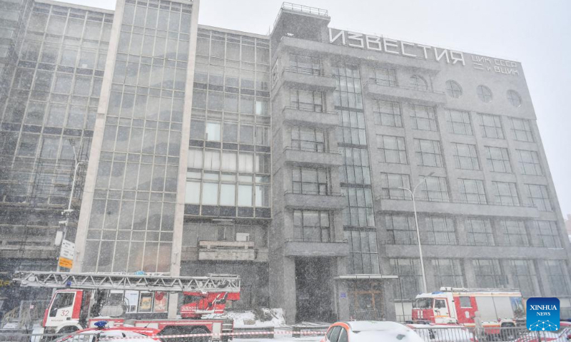 This photo taken on Feb. 15, 2024 shows fire engines at the site following a fire in the Izvestia Hall building on Pushkin Square in Moscow, Russia. The fire has spread to 1,500 square meters, the Russian Ministry of Emergency Situations said Thursday on its social media channel. No information about casualties has been reported. Firefighters are extinguishing the blaze. (Xinhua/Cao Yang)