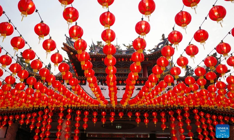 Red lanterns are seen at the Thean Hou Temple in Kuala Lumpur, Malaysia, Jan. 21, 2024. The Thean Hou Temple has been preparing for the Spring Festival, due on Feb. 10, 2024. (Xinhua/Cheng Yiheng)