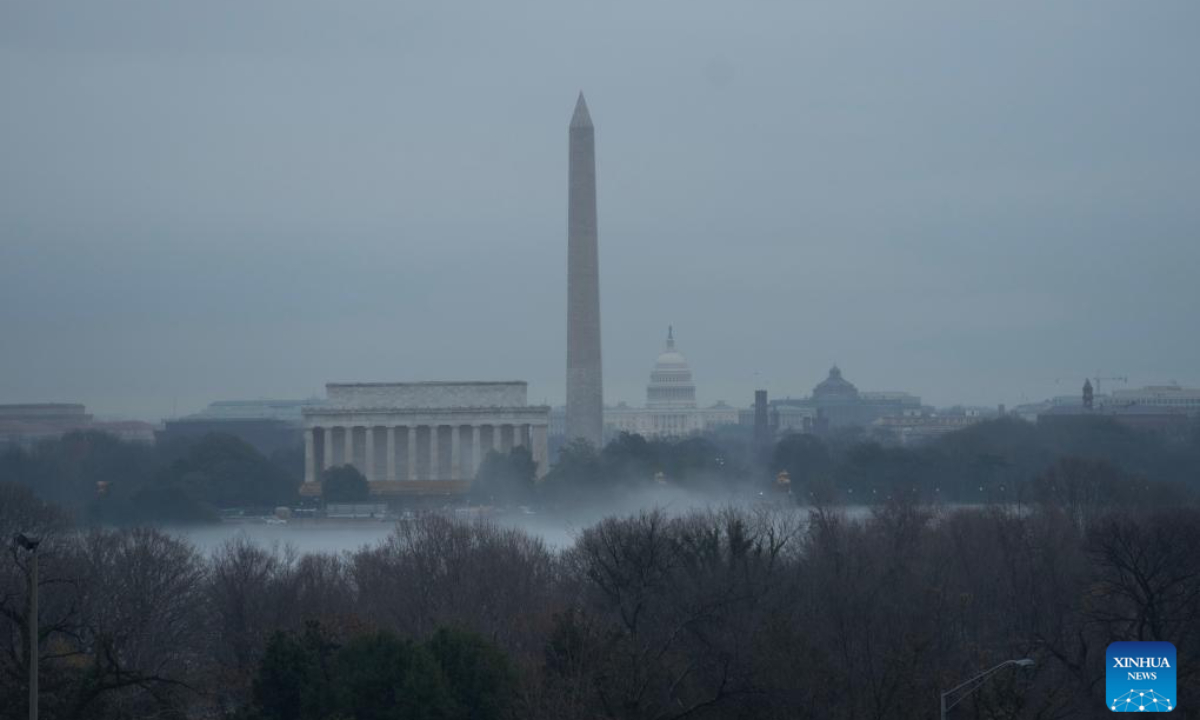 This photo taken on Jan 25, 2024 shows the US Capitol building, the Washington Monument and the Lincoln Memorial shrouded in fog in Washington, DC, the United States. Photo:Xinhua