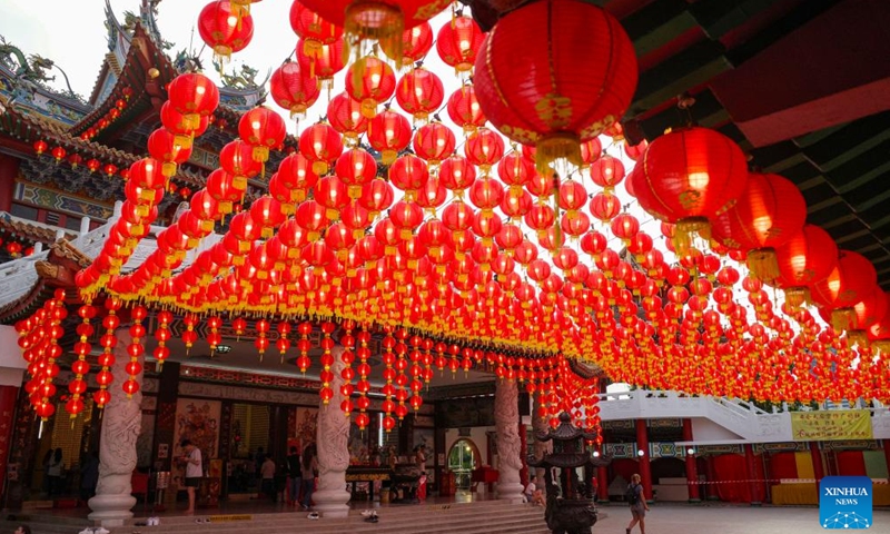 Tourists visit the Thean Hou Temple in Kuala Lumpur, Malaysia, Jan. 21, 2024. The Thean Hou Temple has been preparing for the Spring Festival, due on Feb. 10, 2024. (Xinhua/Cheng Yiheng)