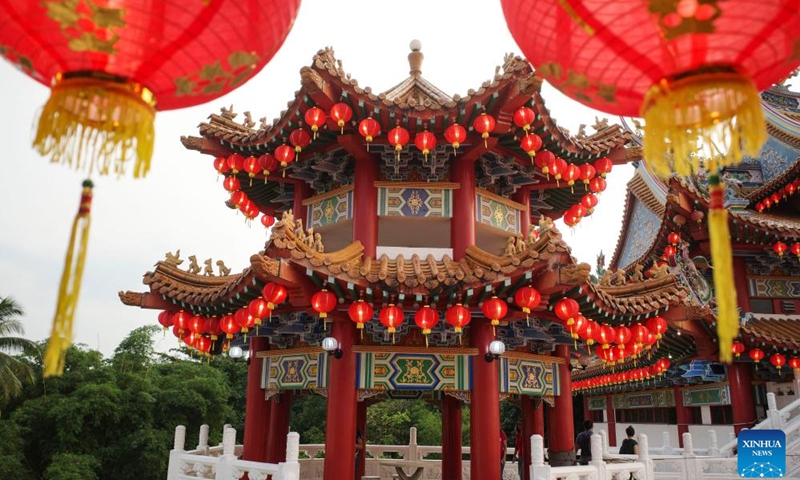 Red lanterns are seen at the Thean Hou Temple in Kuala Lumpur, Malaysia, Jan. 21, 2024. The Thean Hou Temple has been preparing for the Spring Festival, due on Feb. 10, 2024. (Xinhua/Cheng Yiheng)