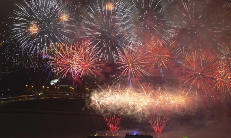 Fireworks in celebration of the Spring Festival illuminate the sky in Macao, south China, Feb. 16, 2024. (Xinhua/Cheong Kam Ka)