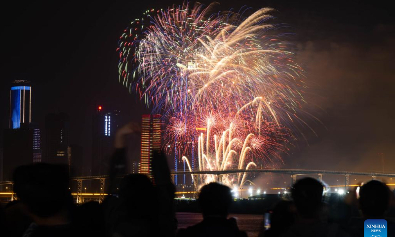 Fireworks in celebration of the Spring Festival illuminate the sky in Macao, south China, Feb. 12, 2024. (Photo: Xinhua)