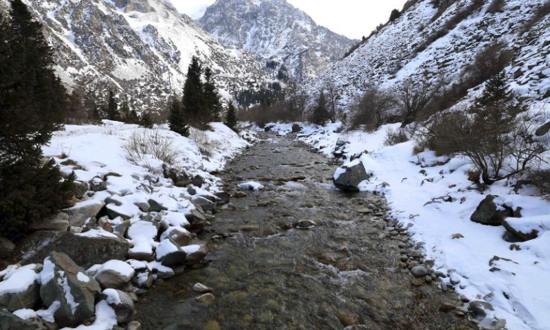 This photo taken on Feb. 23, 2024 shows a winter scenery at Ala-Archa National Park, some 30 kilometers away from Bishkek, capital of Kyrgyzstan. (Photo by Roman/Xinhua)