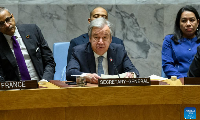 UN Secretary-General Antonio Guterres (C, Front) addresses the Security Council high-level open debate on the impact of climate change and food insecurity on the maintenance of international peace and security at the UN headquarters in New York, on Feb. 13, 2024. Guterres on Tuesday urged a worldwide response to the challenges posed by climate-driven food insecurity and conflict. (Loey Felipe/UN Photo/Handout via Xinhua)