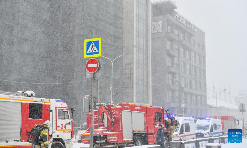 This photo taken on Feb. 15, 2024 shows fire engines at the site following a fire in the Izvestia Hall building on Pushkin Square in Moscow, Russia. The fire has spread to 1,500 square meters, the Russian Ministry of Emergency Situations said Thursday on its social media channel. No information about casualties has been reported. Firefighters are extinguishing the blaze. (Xinhua/Cao Yang)