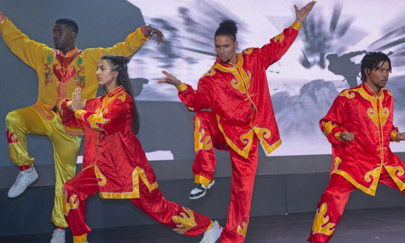 Dancers studying at the University of Namibia perform at the Happy Spring Festival party in Windhoek, Namibia, on Jan. 20, 2024. (Photo by Musa Kaseke/Xinhua)