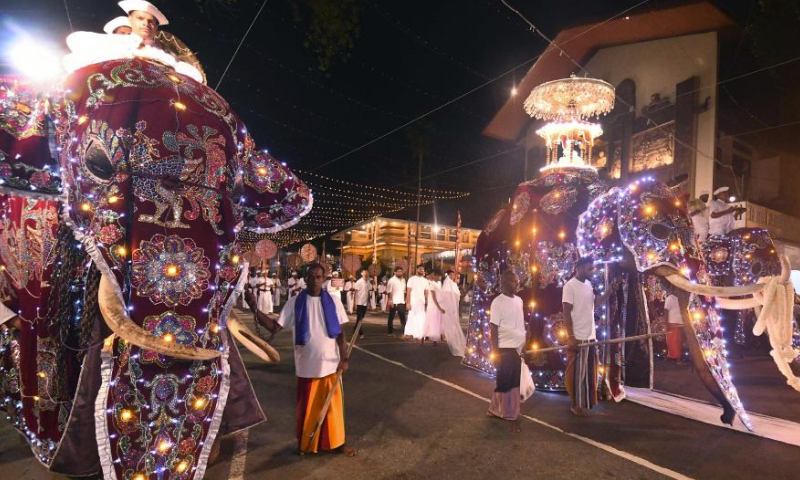 Decorated elephants are seen during the annual Navam Perahera festival in Colombo, Sri Lanka, on Feb. 23, 2024. (Photo by Ajith Perera/Xinhua)