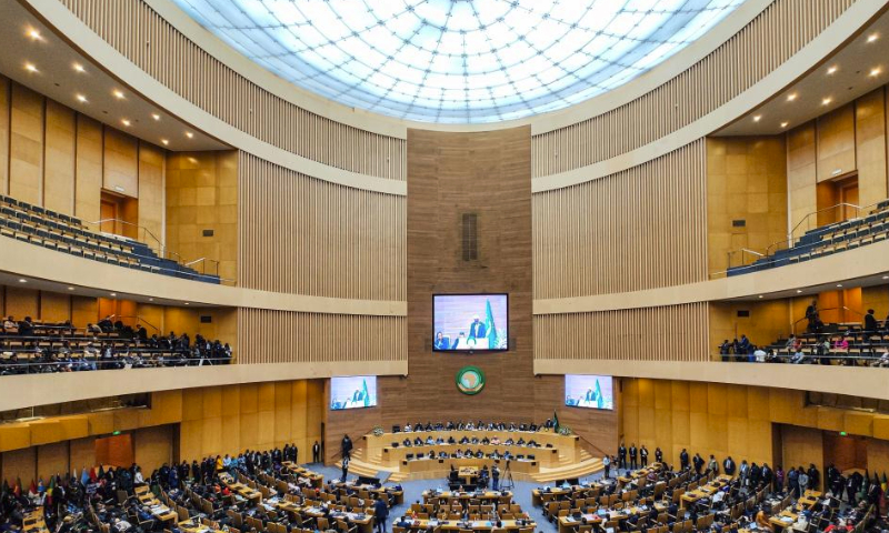 This photo taken on Feb. 17, 2024 shows a view of the 37th Ordinary Session of the African Union (AU) Assembly of the Heads of State and Government in Addis Ababa, Ethiopia. The 37th Ordinary Session of the AU Assembly of the Heads of State and Government opened on Saturday at the AU headquarters in Addis Ababa, the capital of Ethiopia. (Xinhua/Li Yahui)