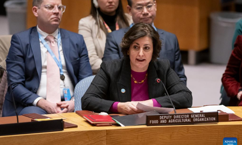 Beth Bechdol (Front), the Deputy Director-General of the Food and Agriculture Organization (FAO), speaks at the UN Security Council high-level open debate on the impact of climate change and food insecurity on the maintenance of international peace and security at the UN headquarters in New York, on Feb. 13, 2024. Bechdol on Tuesday underscored the urgent need to address the intertwined challenges of climate change and conflict to combat global food insecurity. (Manuel Elias/UN Photo/Handout via Xinhua)