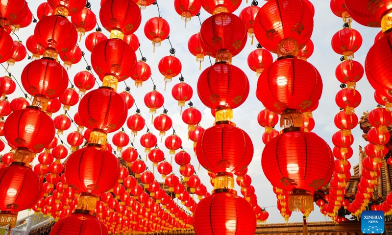 Red lanterns are seen at the Thean Hou Temple in Kuala Lumpur, Malaysia, Jan. 21, 2024. The Thean Hou Temple has been preparing for the Spring Festival, due on Feb. 10, 2024. (Xinhua/Cheng Yiheng)